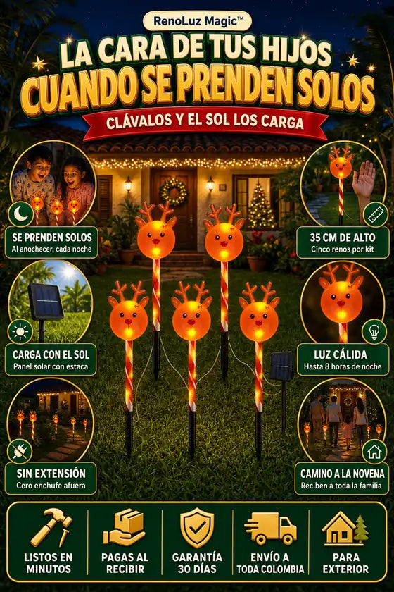 RenoLuz Magic™ - 5 Estacas Solares de Reno con Luz Cálida - Pago Contraentrega