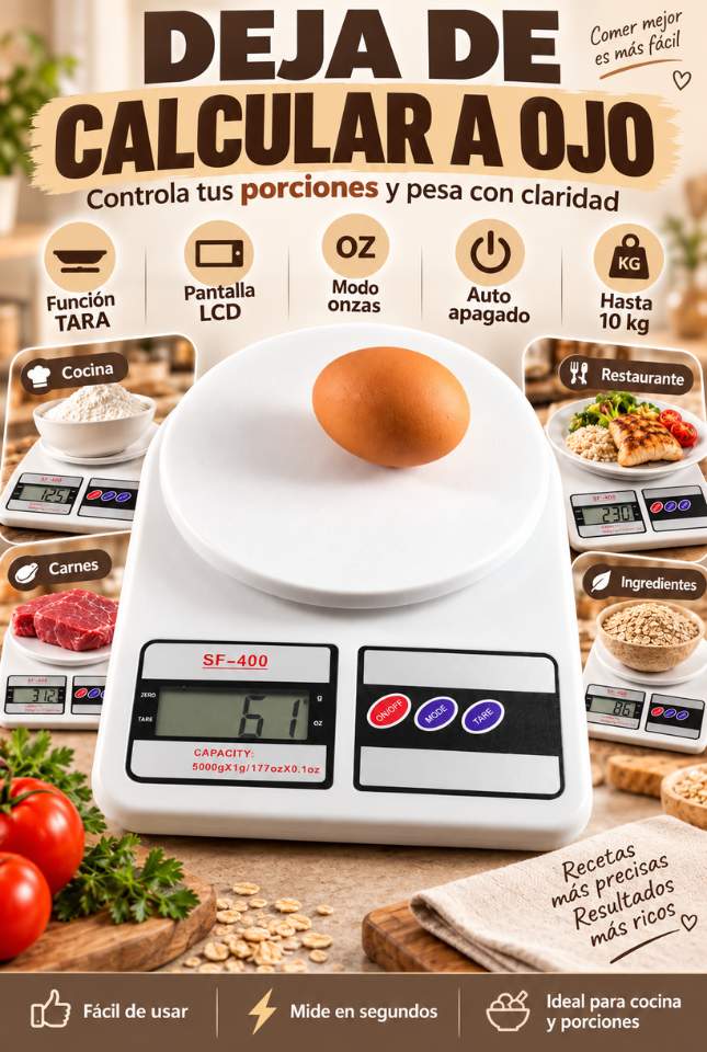 Báscula Digital SF-400 – Controla porciones, recetas e ingredientes fácilmente