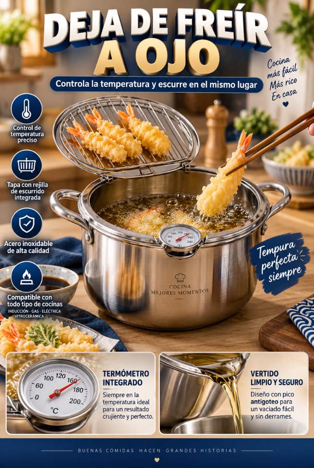Freidora Japonesa con Termómetro – Controla el aceite y escurre en el mismo lugar