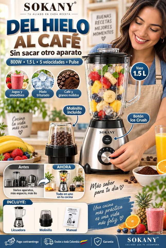 Licuadora y Moledor SOKANY SK-03031 – Licúa, Tritura Hielo y Muele Café en un Solo Equipo