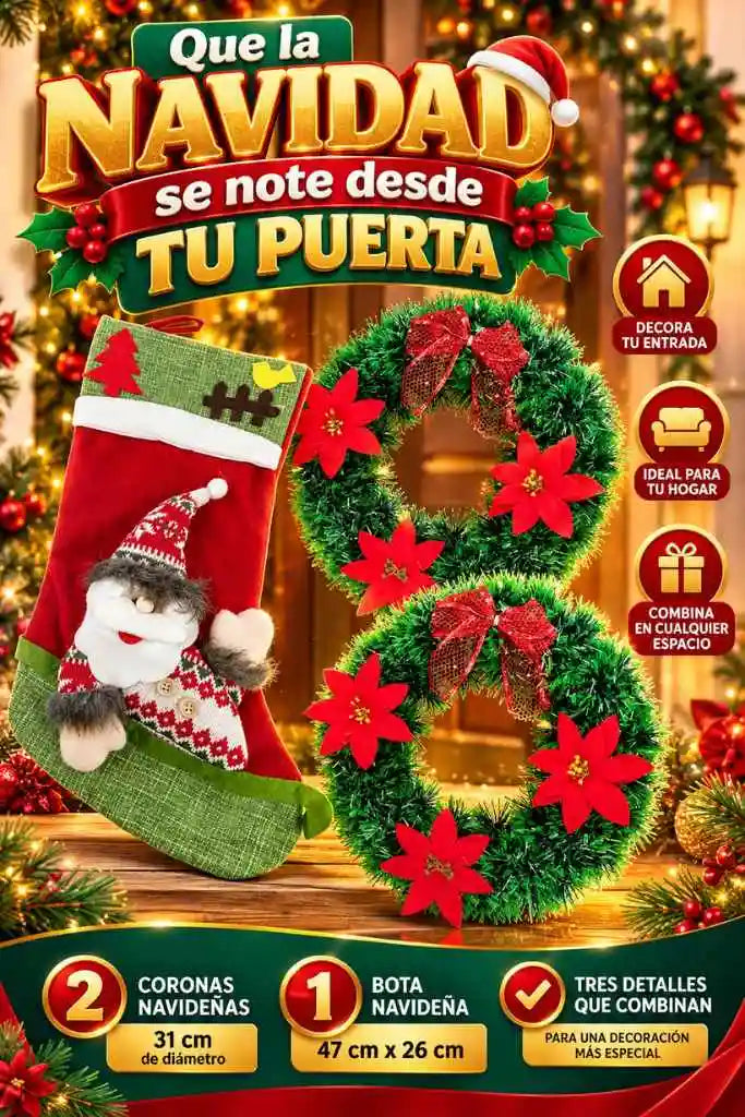 Combo Navideño de 2 Coronas + Bota Santa Claus | Decora tu Entrada y Llena tu Hogar de Magia Navideña