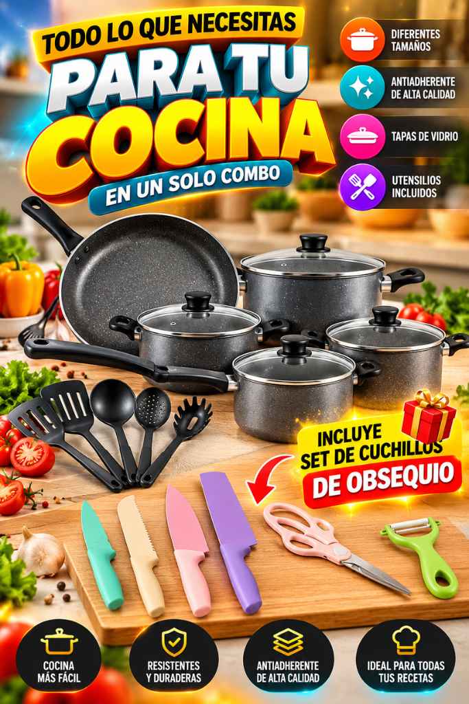 Juego de Ollas Antiadherentes de 13 Piezas + Set de Cuchillos GRATIS | Cocina Más Fácil y Equipa tu Cocina en una Sola Compra
