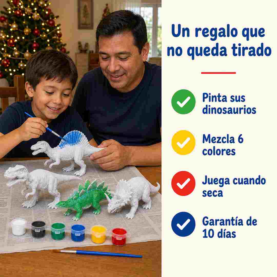 Dino Art Kit de Dinosaurios para Pintar - 4 Dinosaurios Grandes, 6 Colores y 2 Pinceles - Pago al Recibir