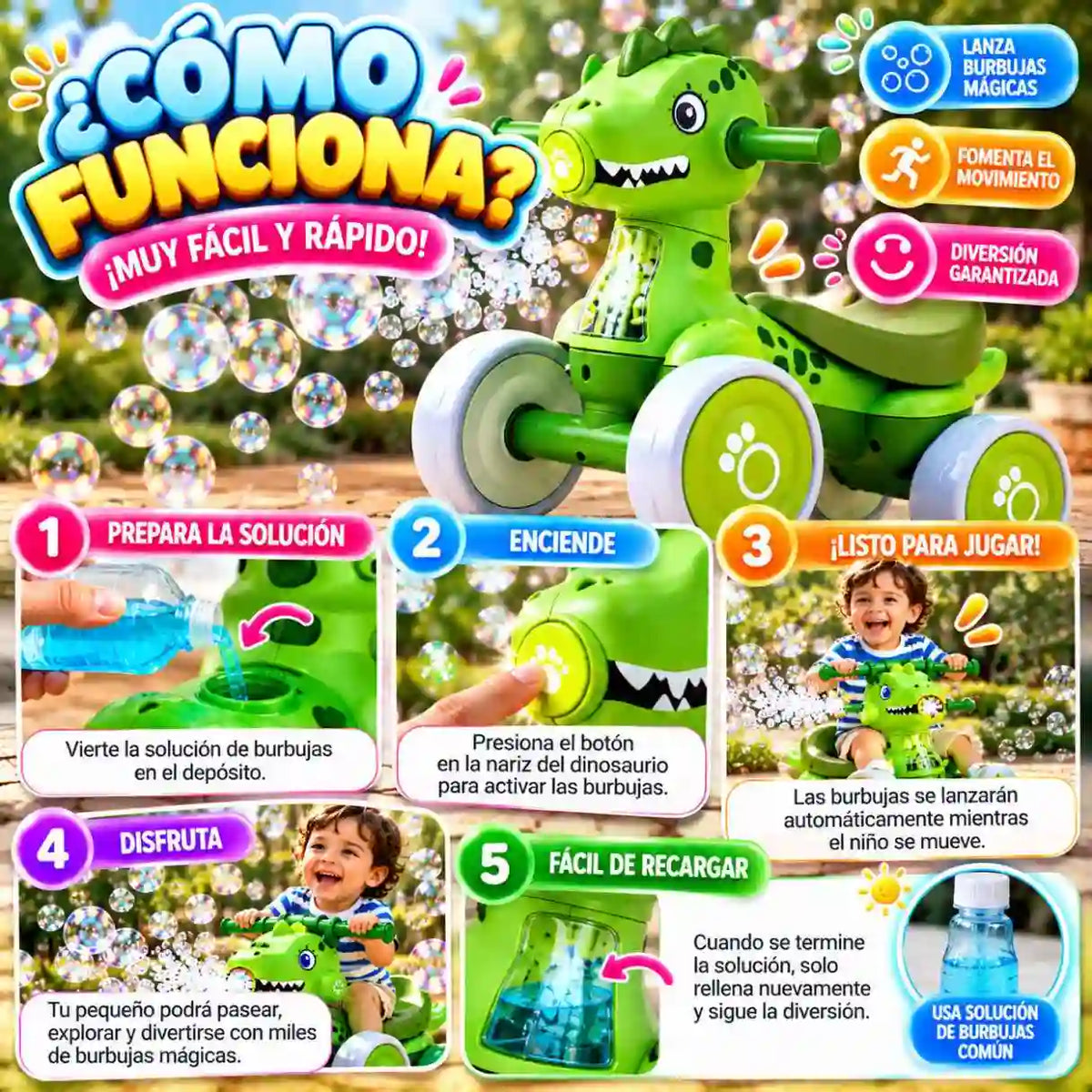Triciclo Dinosaurio Lanza Burbujas 🦖 | ¡Convierte cada paseo en una aventura mágica!