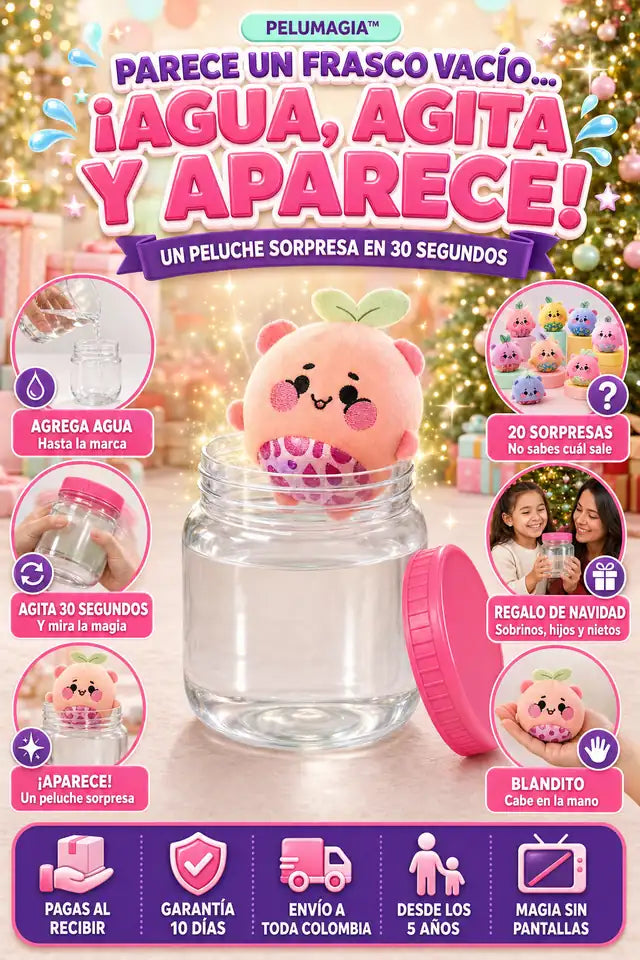 PELUMAGIA - Peluche Sorpresa en Frasco - Agrega Agua y Aparece - Pago Contraentrega