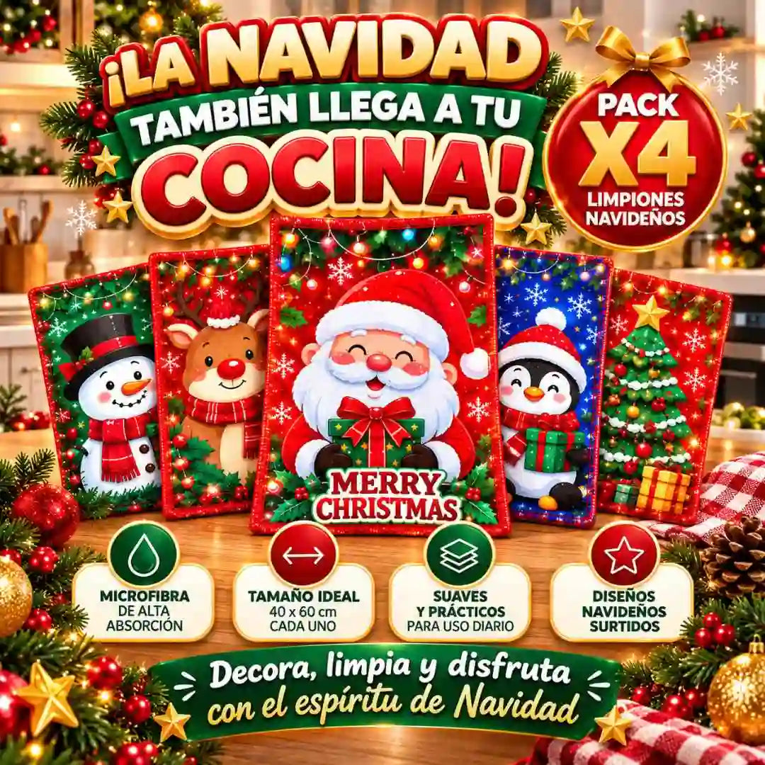 Pack x4 Limpiones Navideños de Microfibra – Decora tu Cocina con Alegría y Espíritu Navideño 🎄