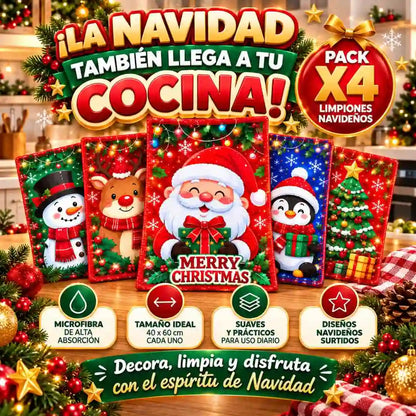 Pack x4 Limpiones Navideños de Microfibra – Decora tu Cocina con Alegría y Espíritu Navideño 🎄