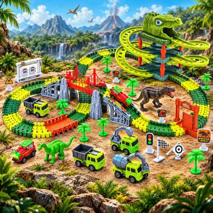 Pista de Dinosaurios Con 217 Piezas con Vehículos, Puentes y Accesorios