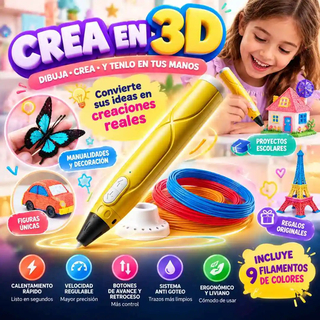 Lápiz 3D CreaKids™ + 9 Filamentos – Convierte sus Ideas en Creaciones que Puede Tocar
