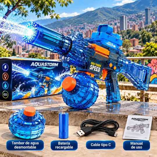 AQUASTORM™ – Pistola de Agua Eléctrica con Disparo Automático para Batallas Épicas sin Bombear, Diversión para Niños y Adultos