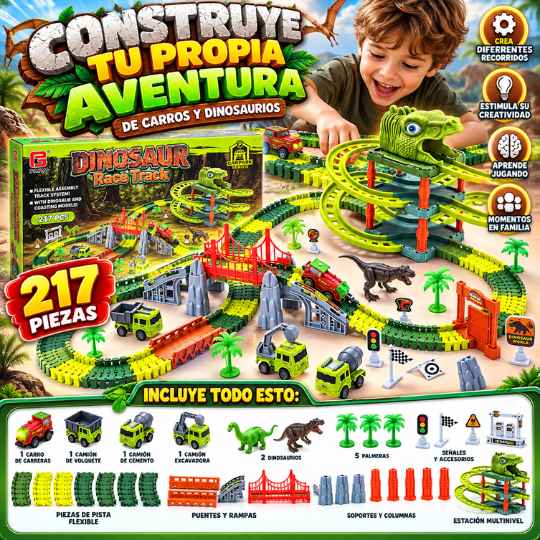 Pista de Dinosaurios Con 217 Piezas con Vehículos, Puentes y Accesorios