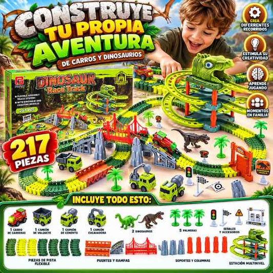 Pista de Dinosaurios Con 217 Piezas con Vehículos, Puentes y Accesorios
