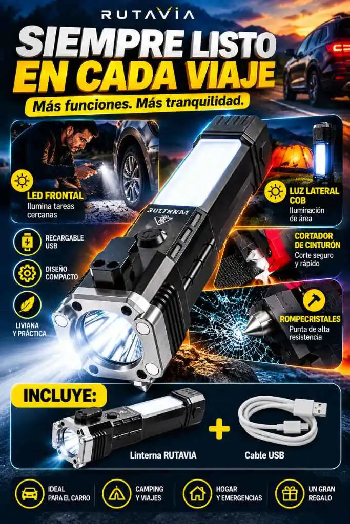 RUTAVIA™ – Linterna Multifuncional 5 en 1 | Ilumina tu Camino y Prepárate para Emergencias