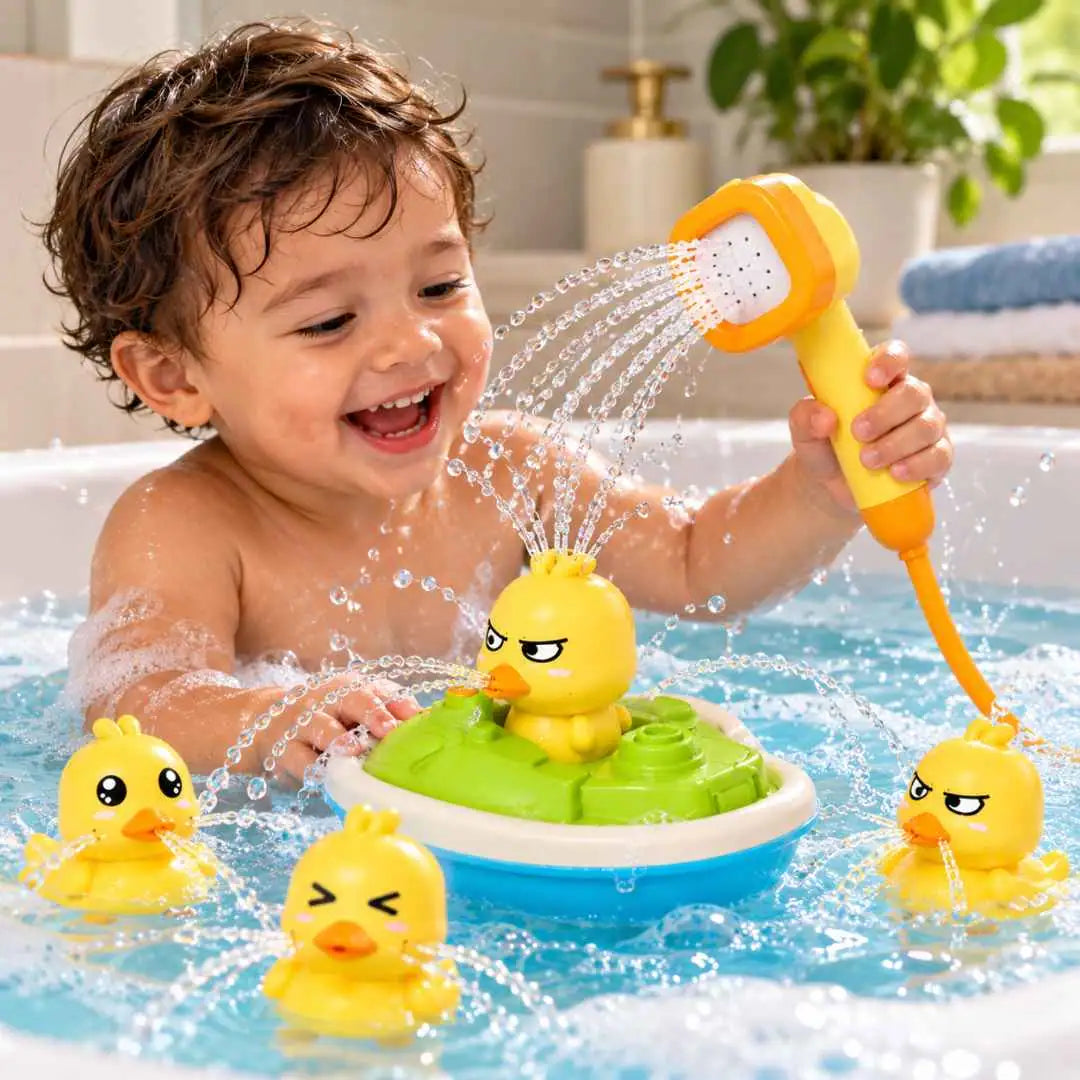 Set de Baño con Barco, 4 Patitos con diferentes chorros y Ducha – El Baño Nunca Fue Tan Divertido