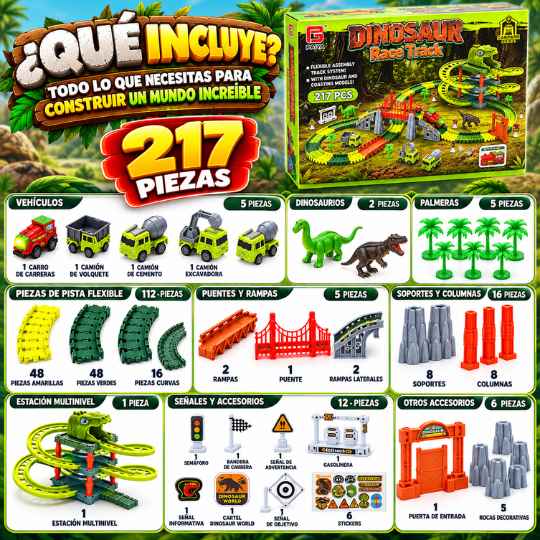 Pista de Dinosaurios Con 217 Piezas con Vehículos, Puentes y Accesorios