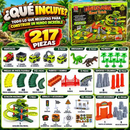 Pista de Dinosaurios Con 217 Piezas con Vehículos, Puentes y Accesorios