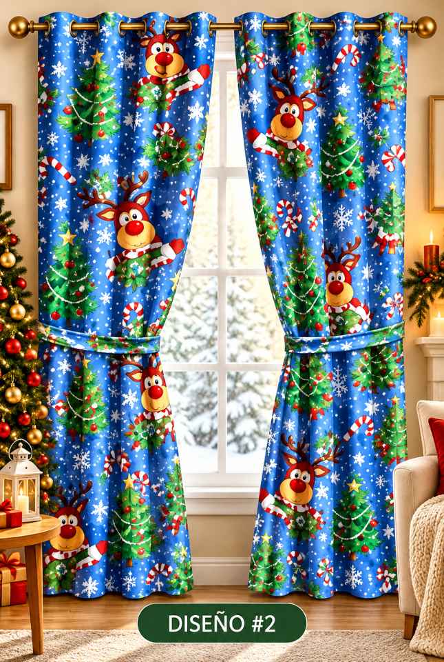 🎄 SET DE 2 CORTINAS NAVIDEÑAS LAUDRENTS™ 150 × 150 CM + AMARRES – TRANSFORMA TUS VENTANAS ESTA NAVIDAD 🎅✨