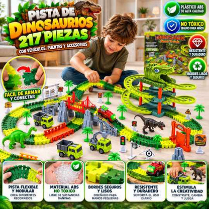Pista de Dinosaurios Con 217 Piezas con Vehículos, Puentes y Accesorios