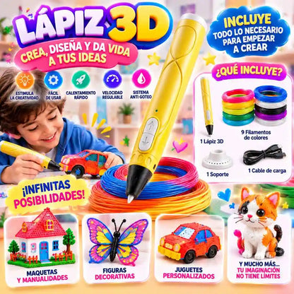 Lápiz 3D CreaKids™ + 9 Filamentos – Convierte sus Ideas en Creaciones que Puede Tocar