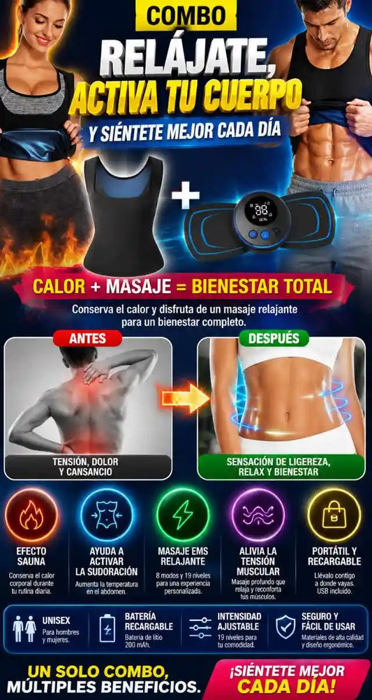 ThermoFlex™ | Chaleco Térmico + Masajeador EMS | Calor, Relajación y Bienestar Diario