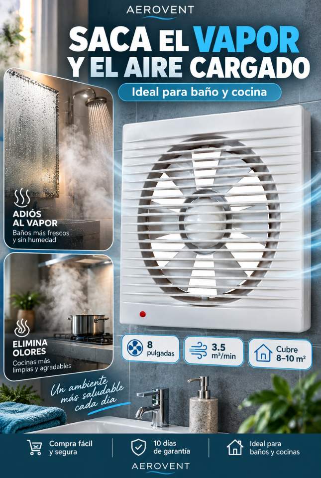 Extractor de Aire 8” con Rejilla – Ayuda a eliminar vapor, olores y aire cargado
