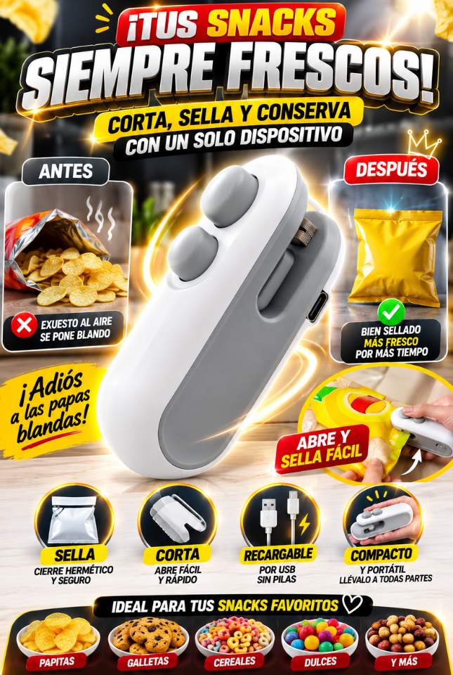 SellaSnack 2 en 1™ – Corta, Cierra y Mantén Tus Snacks Frescos por Más Tiempo