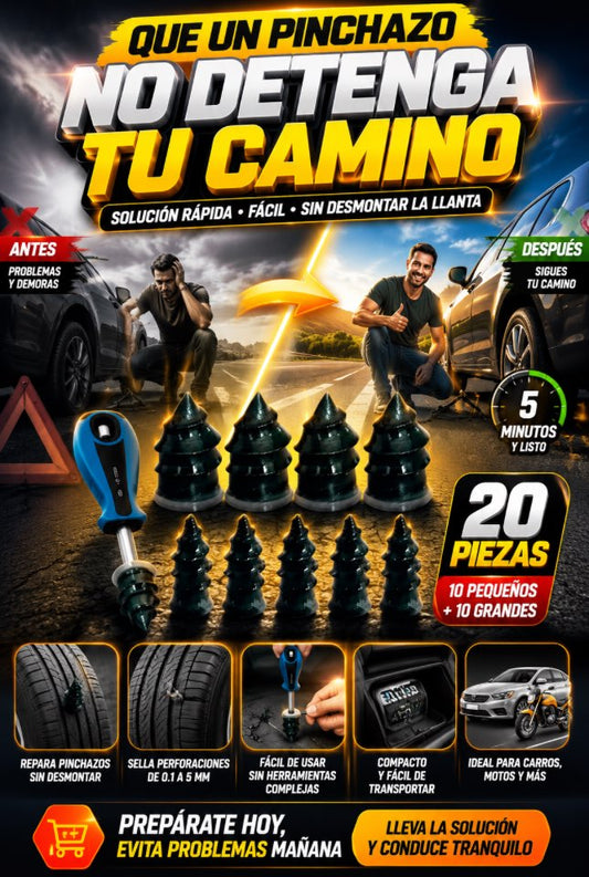 PitStop Fix™ | Kit Sellador de Pinchazos 20 Piezas | Repara Sin Desmontar la Llanta