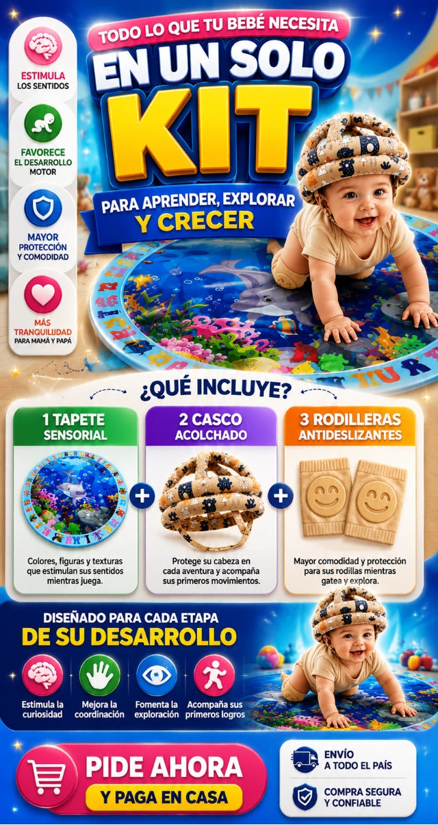 Kit Pequeño Explorador™ | Tapete Sensorial + Casco Protector + Rodilleras para Gateo y Desarrollo del Bebé