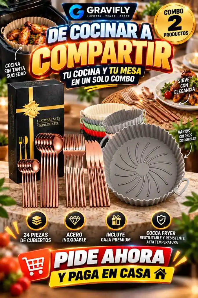 GRAVIFLY™ Combo 24 Cubiertos de Acero Inoxidable + Molde Cocca Fryer | Cocina con Menos Suciedad y Sirve con Elegancia