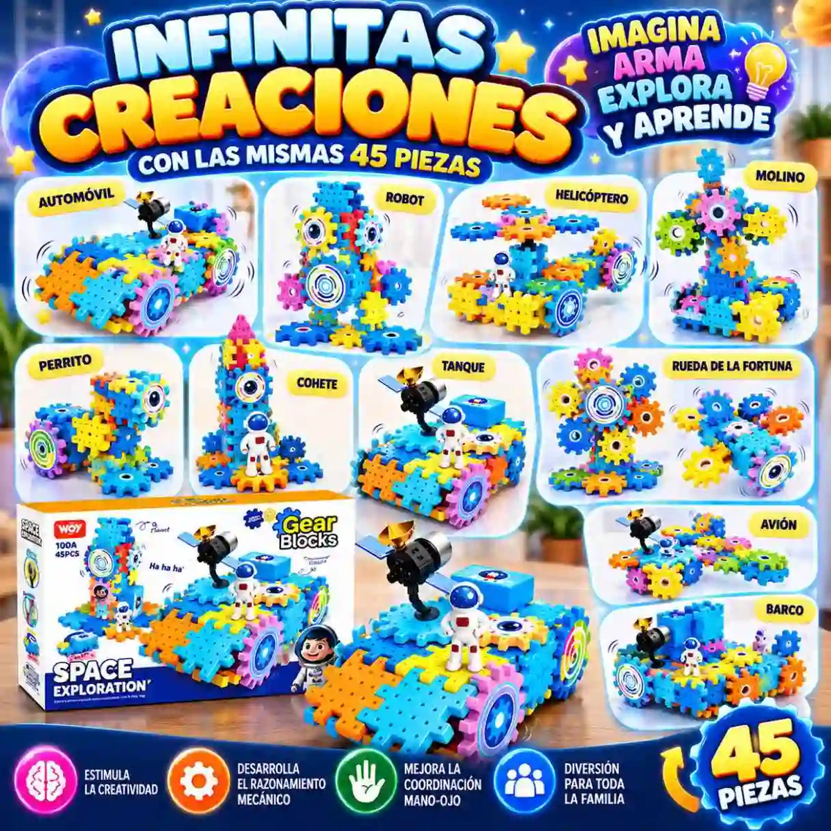 Bloques con Engranajes Eléctricos 45 Piezas – Estimula la creatividad y la motricidad fina 🧩