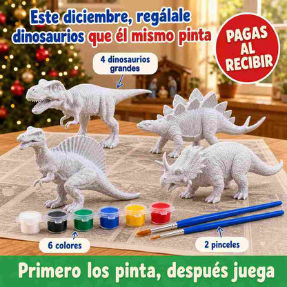 Kit INVÉNTALO TÚ: 4 dinosaurios grandes para pintar, 6 colores y 2 pinceles