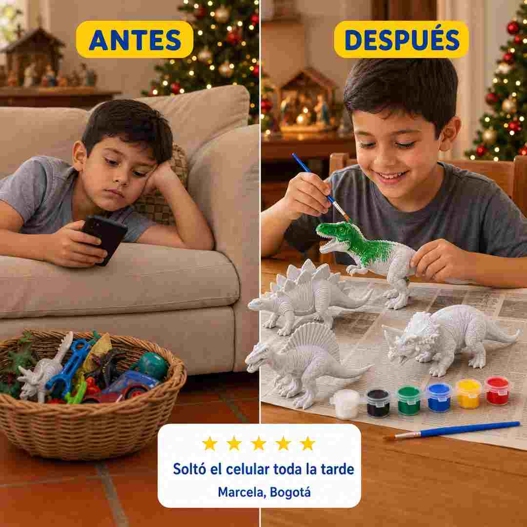 Dino Art Kit de Dinosaurios para Pintar - 4 Dinosaurios Grandes, 6 Colores y 2 Pinceles - Pago al Recibir
