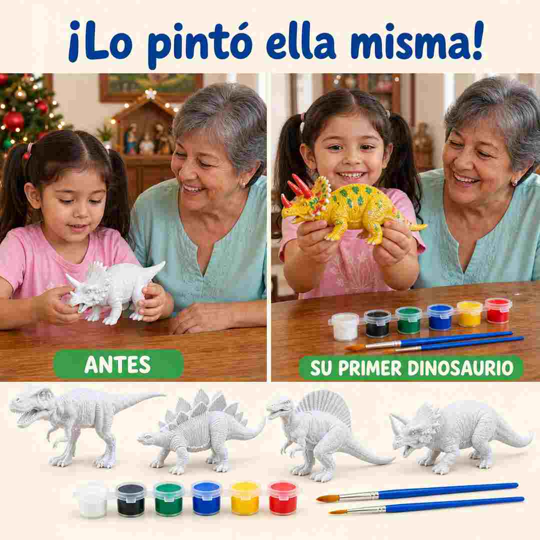 Dino Art Kit de Dinosaurios para Pintar - 4 Dinosaurios Grandes, 6 Colores y 2 Pinceles - Pago al Recibir