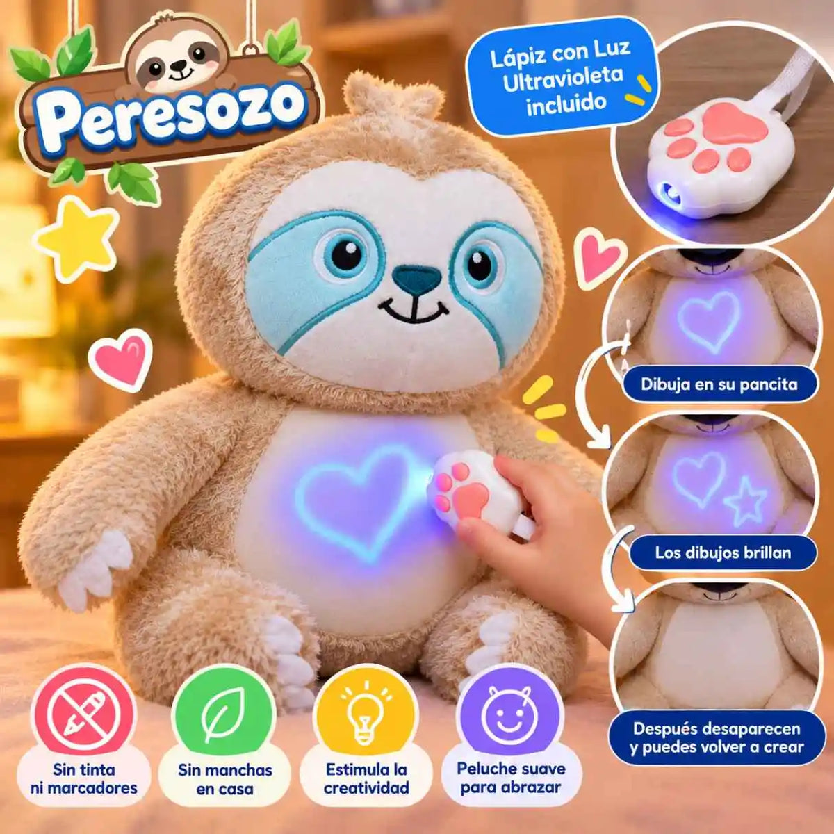 LUMIKIDS – Peluche Mágico para Dibujar en su Pancita con Luz, ¡Sin Tinta ni Manchas!