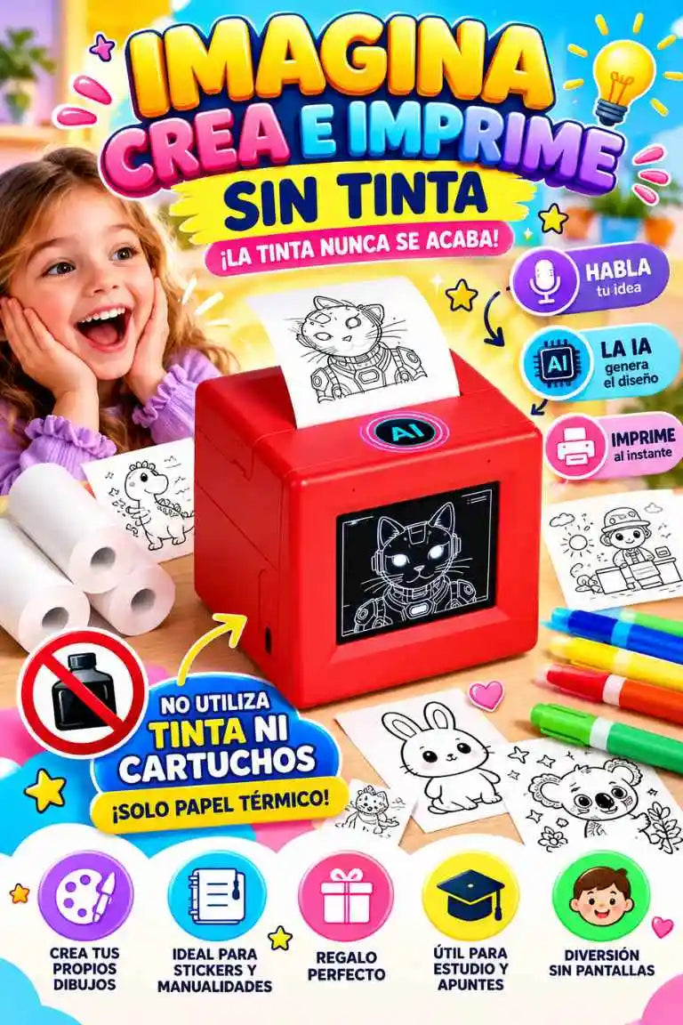 IMAGINK Mini Impresora con IA – ¡Crea Dibujos y Stickers Personalizados Sin Tinta Ni Cartuchos!
