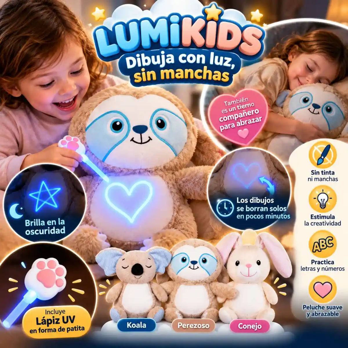 LUMIKIDS – Peluche Mágico para Dibujar en su Pancita con Luz, ¡Sin Tinta ni Manchas!