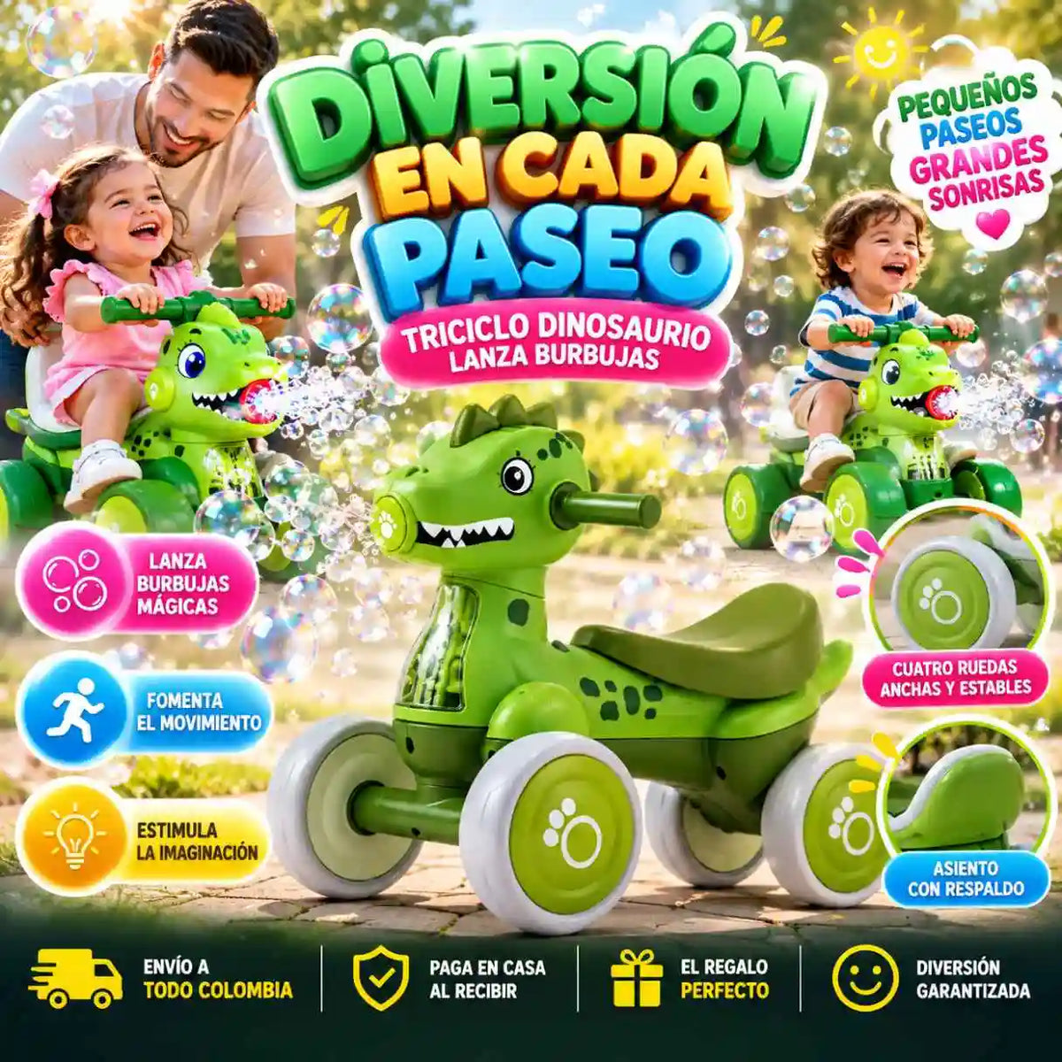 Triciclo Dinosaurio Lanza Burbujas 🦖 | ¡Convierte cada paseo en una aventura mágica!
