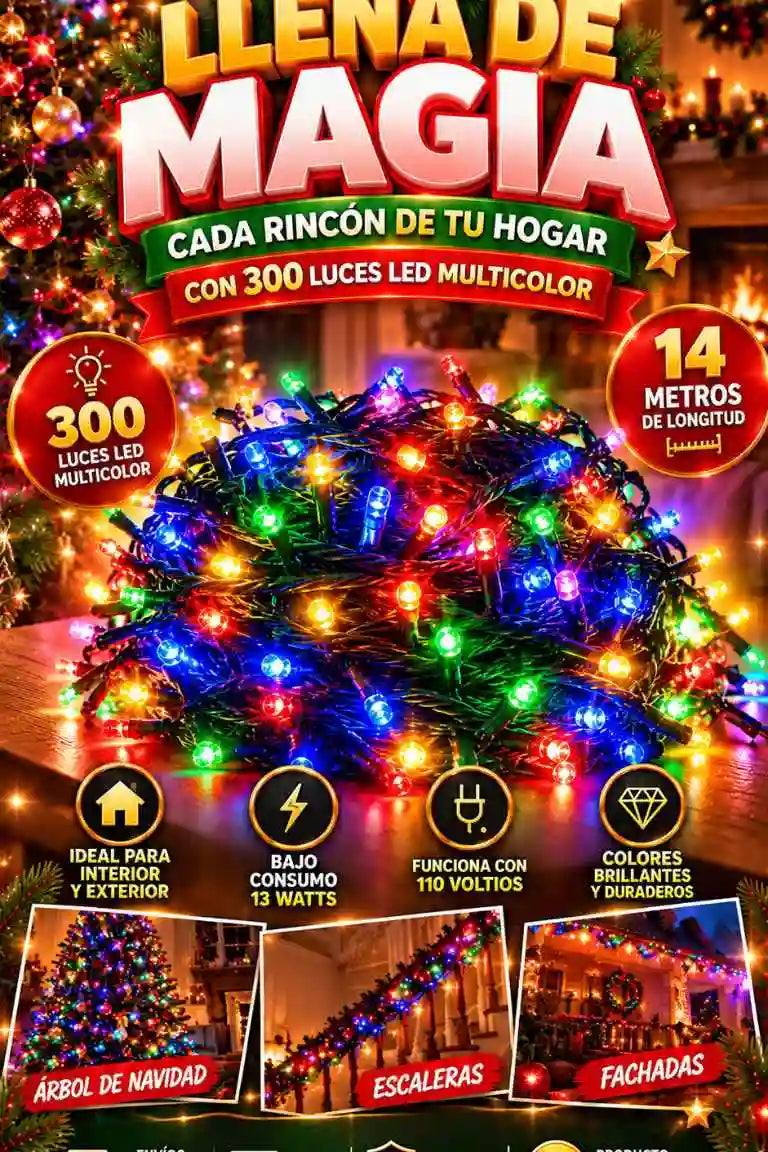 Luces Navideñas LED Multicolor 300 Luces – Transforma tu hogar en un lugar mágico