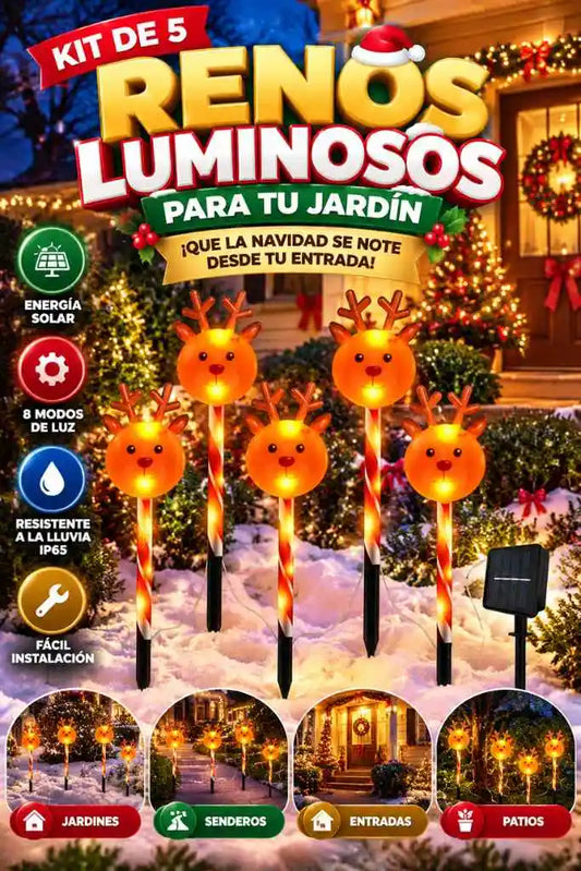 Renos Luminosos Magic - 5 Estacas Solares de Reno con Luz Cálida🦌 - Pago Contraentrega 🎄